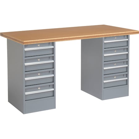 Global Industrial 72inW x 30inD Pedestal Workbench, 8 Drawers, Shop Top Safety Edge, Gray 300756